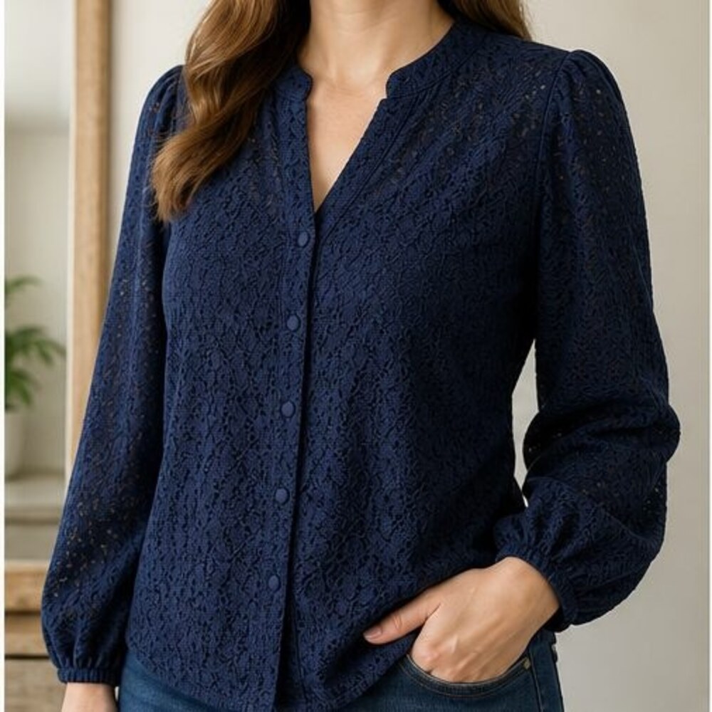 Navy Button Blouse - Picture 2 of 6